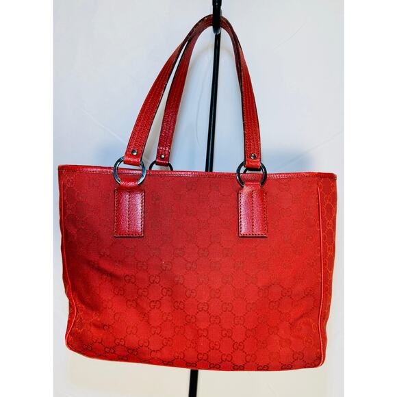 Gucci GG Canvas Red Tote Bag Leather Trim Top Handle Shoulder – Medium - Picture 2 of 9